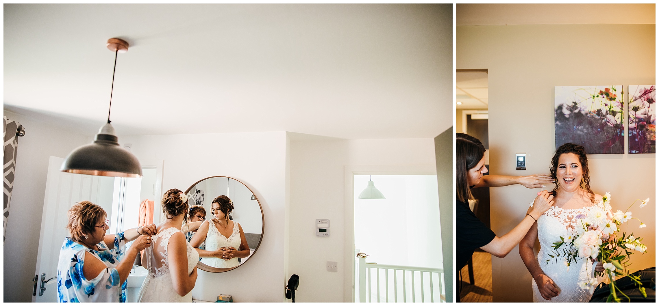 brides getting ready in white rooms