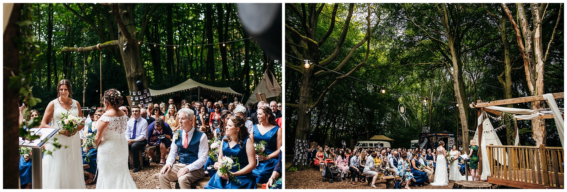 wedding guests watch brides get married at humanist wedding ceremony at lilas wood