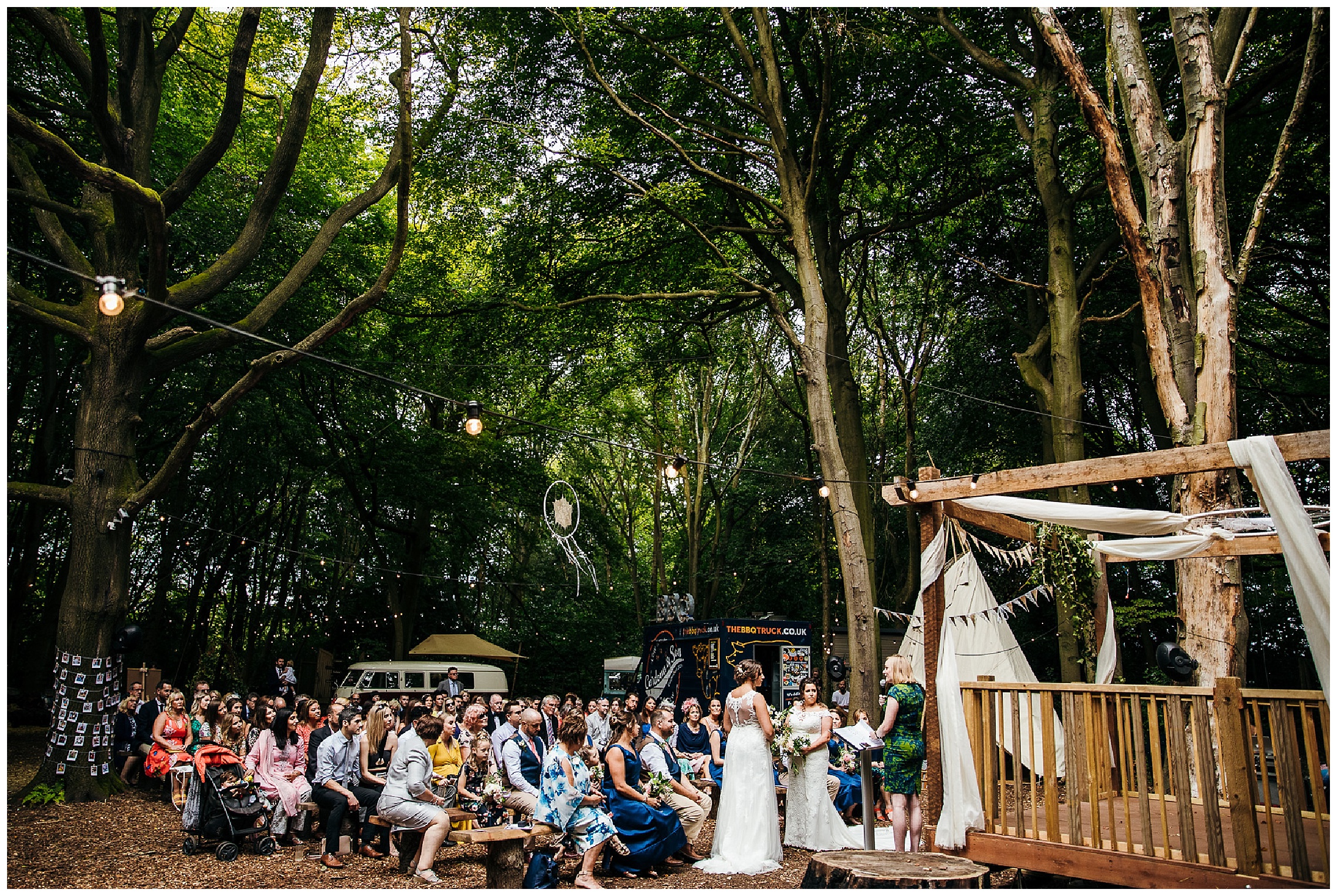 bride and bride standing outside getting married in lilas wood