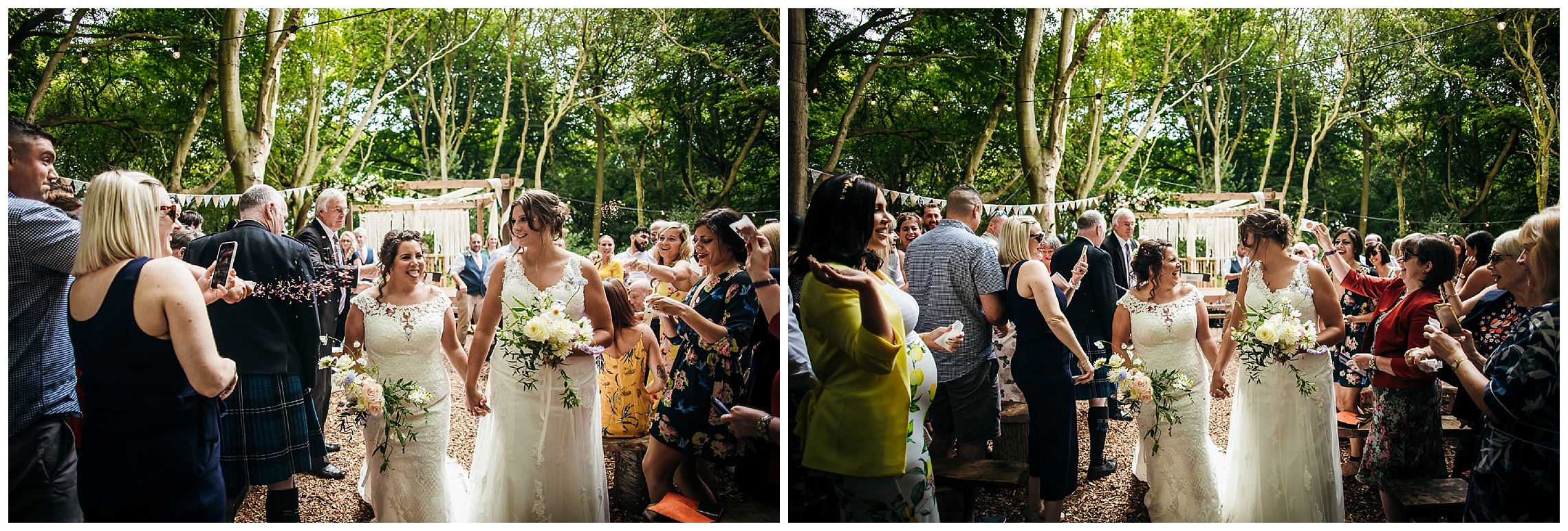wedding guests cheer for exit of brides at woodland weddings