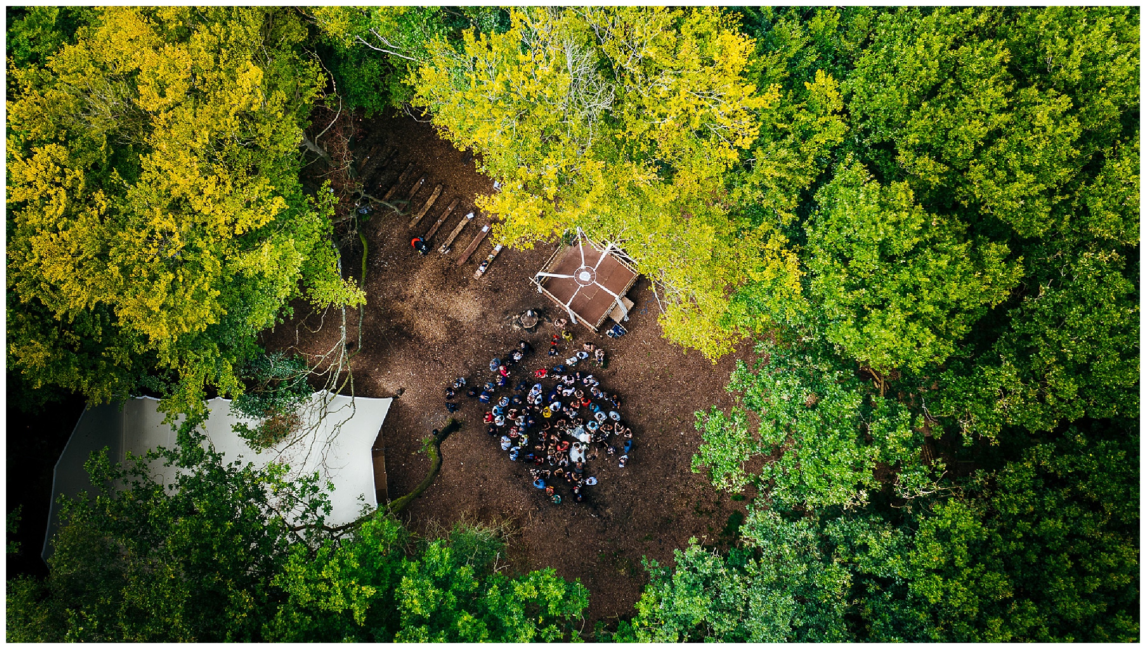 aerial shot of woodland wedding venue