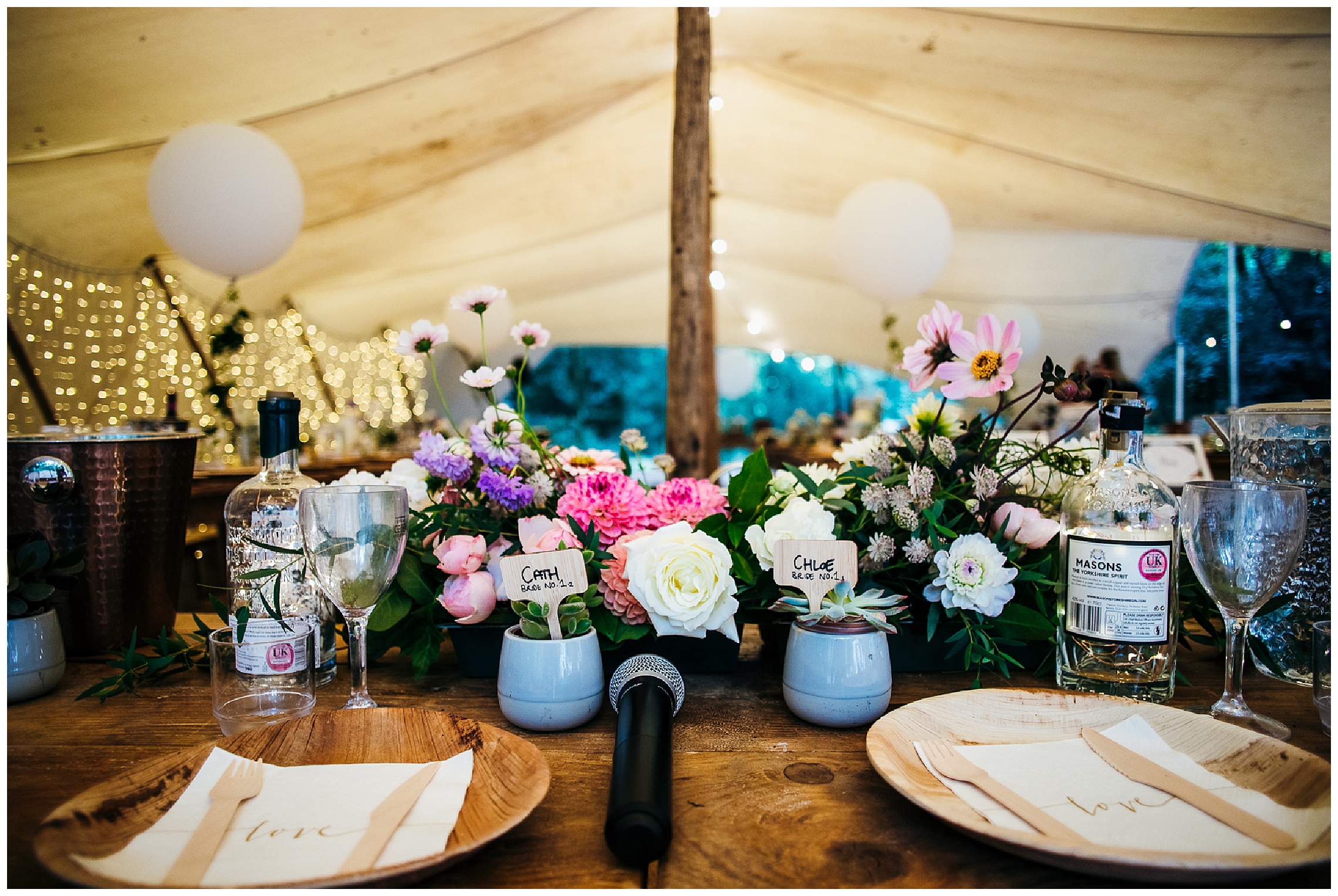 english grown flowers and succulents as table place settings at woodlands weddings