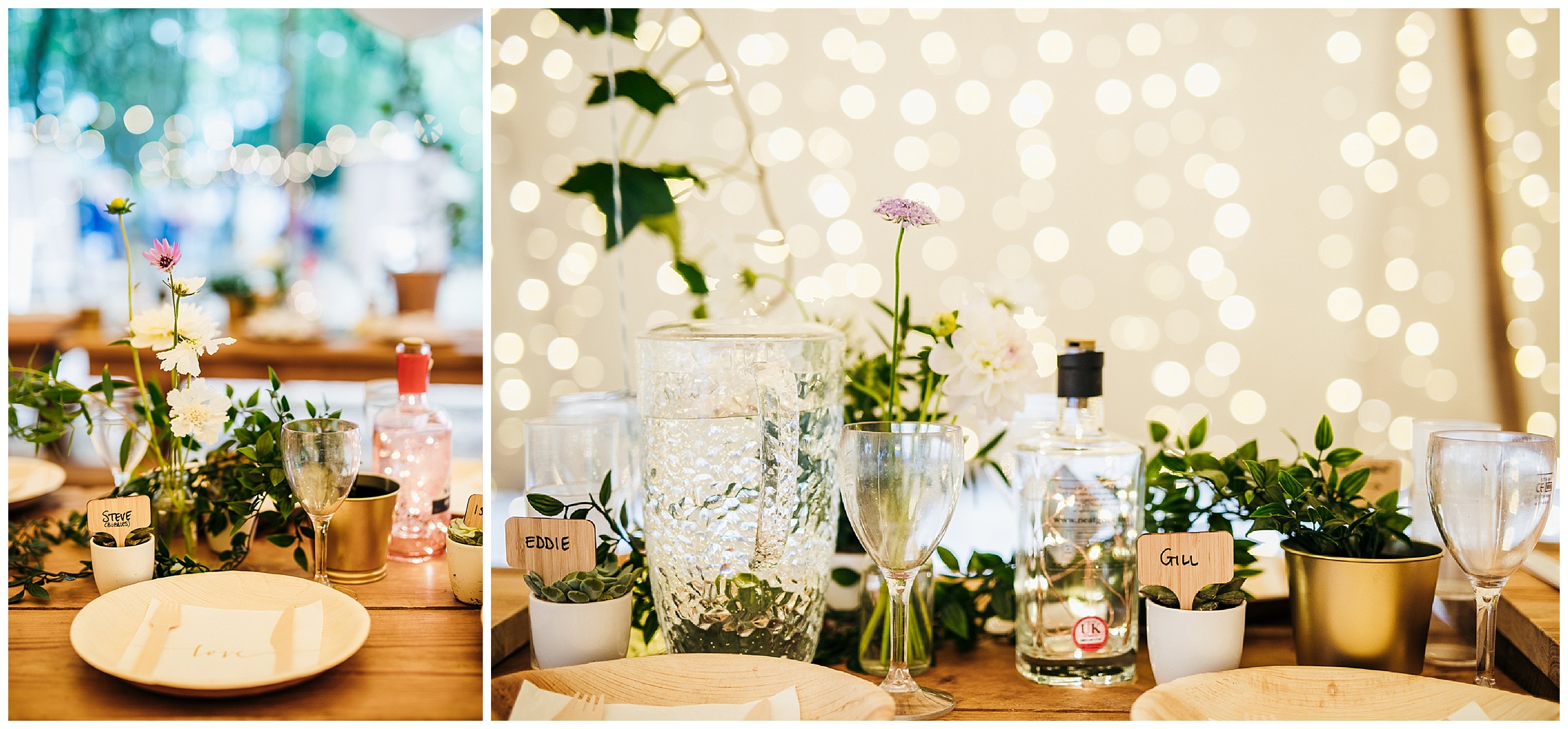 fairy lights and wedding details of english flowers, gin bottles and succulents