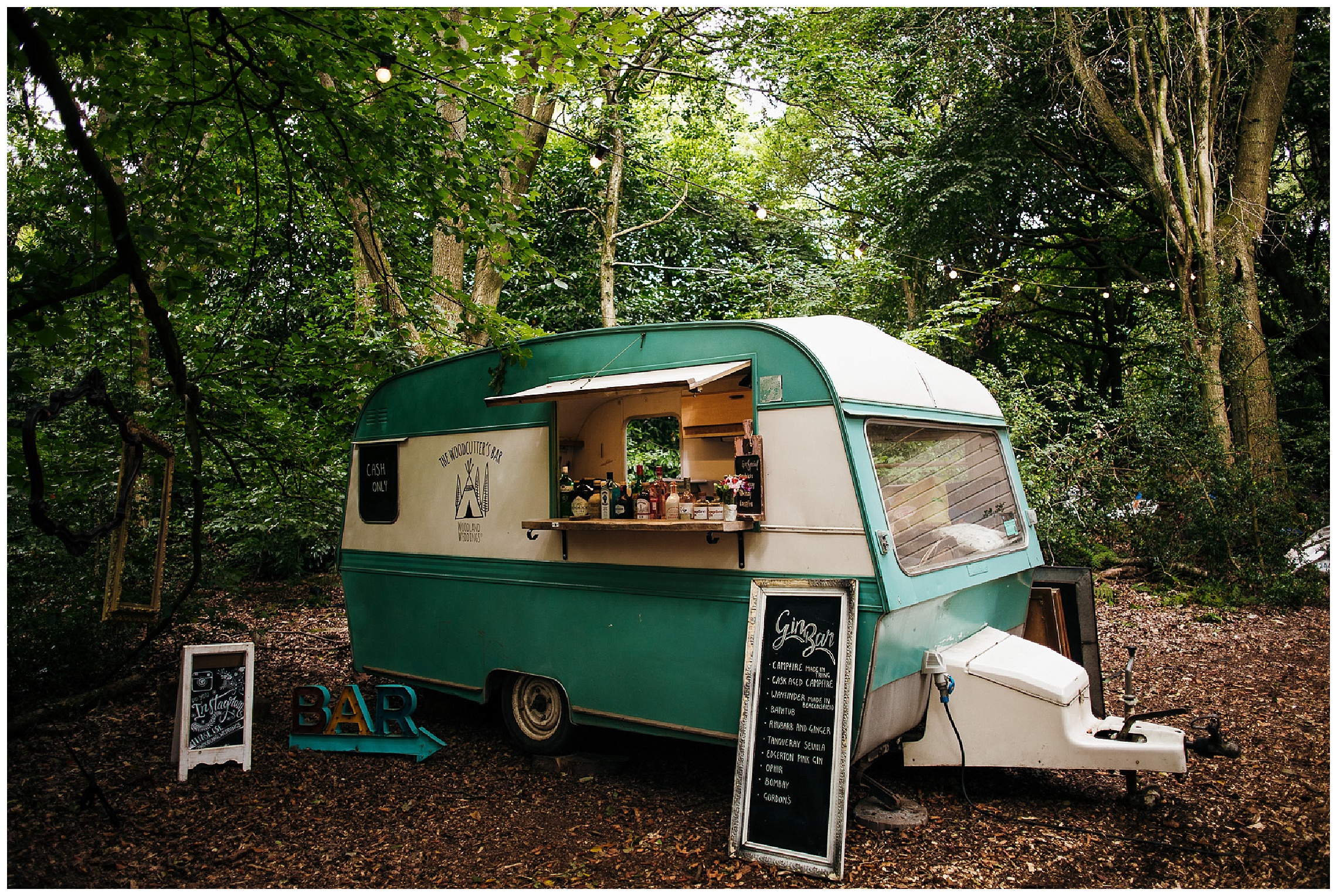 caravan gin bar in woodland weddings venue