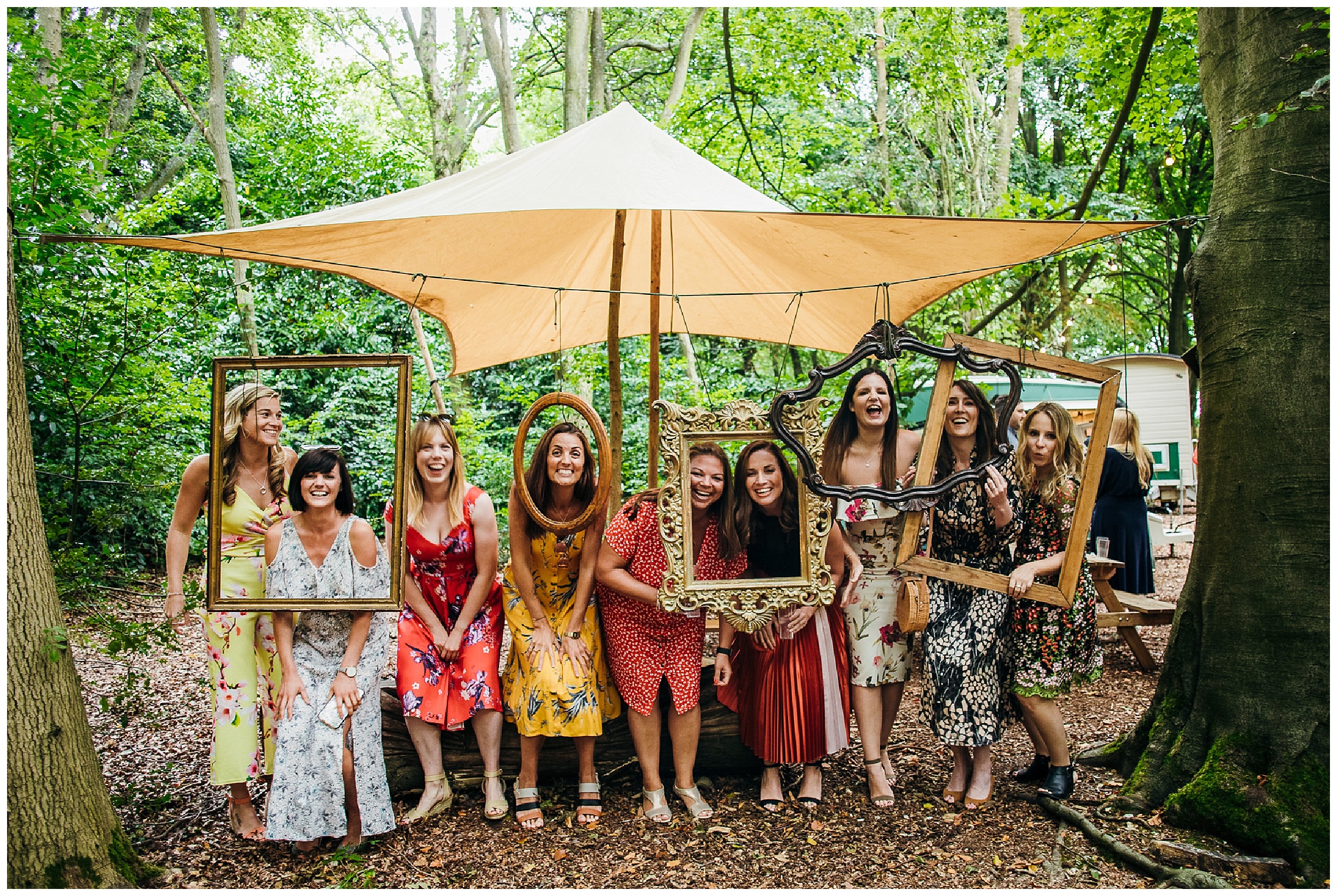 wedding guests posing and laughing in frames