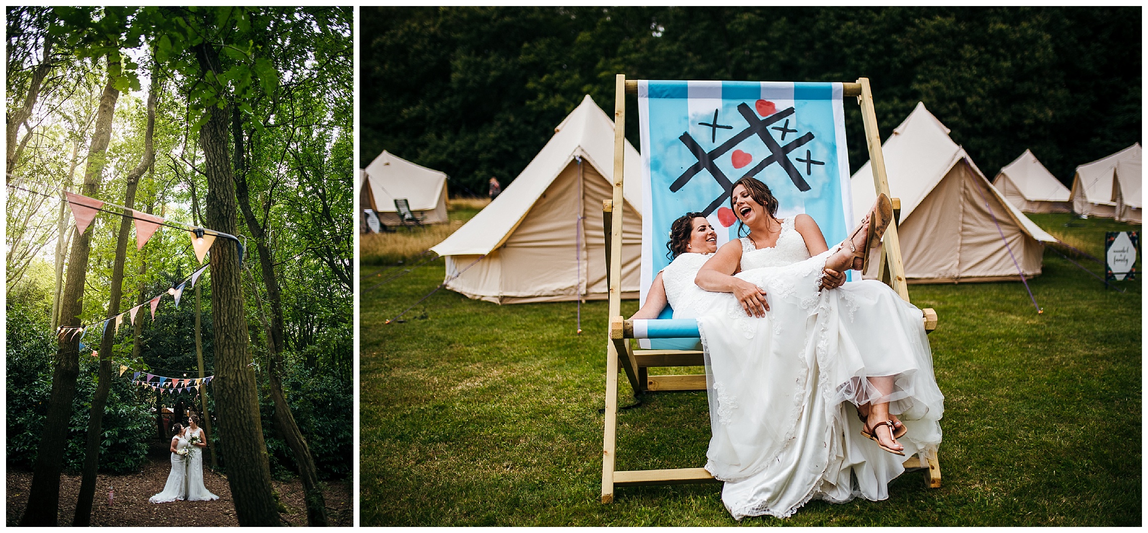 brides on giant deck chair laughing