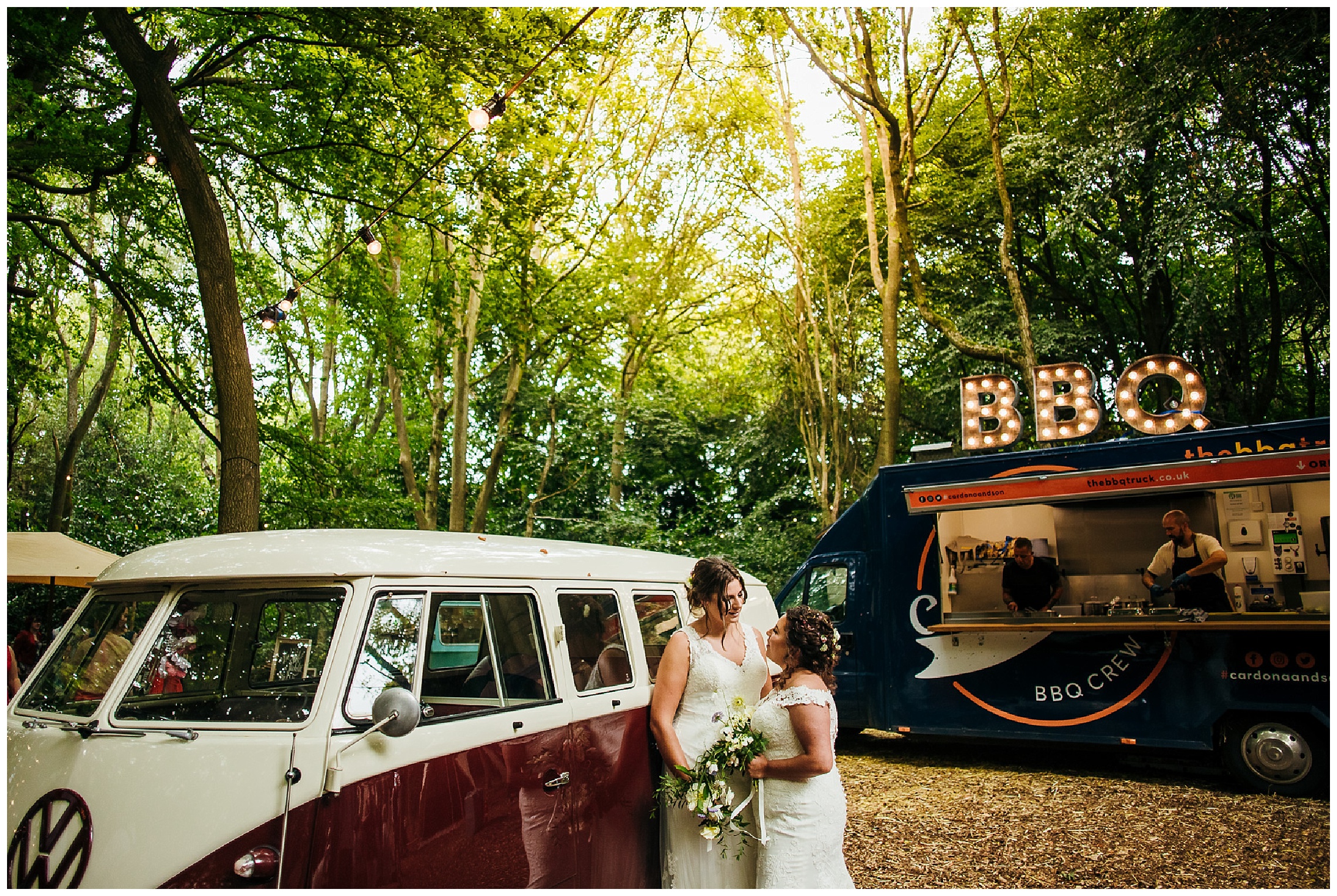 brides next to VW camper van and BBQ van