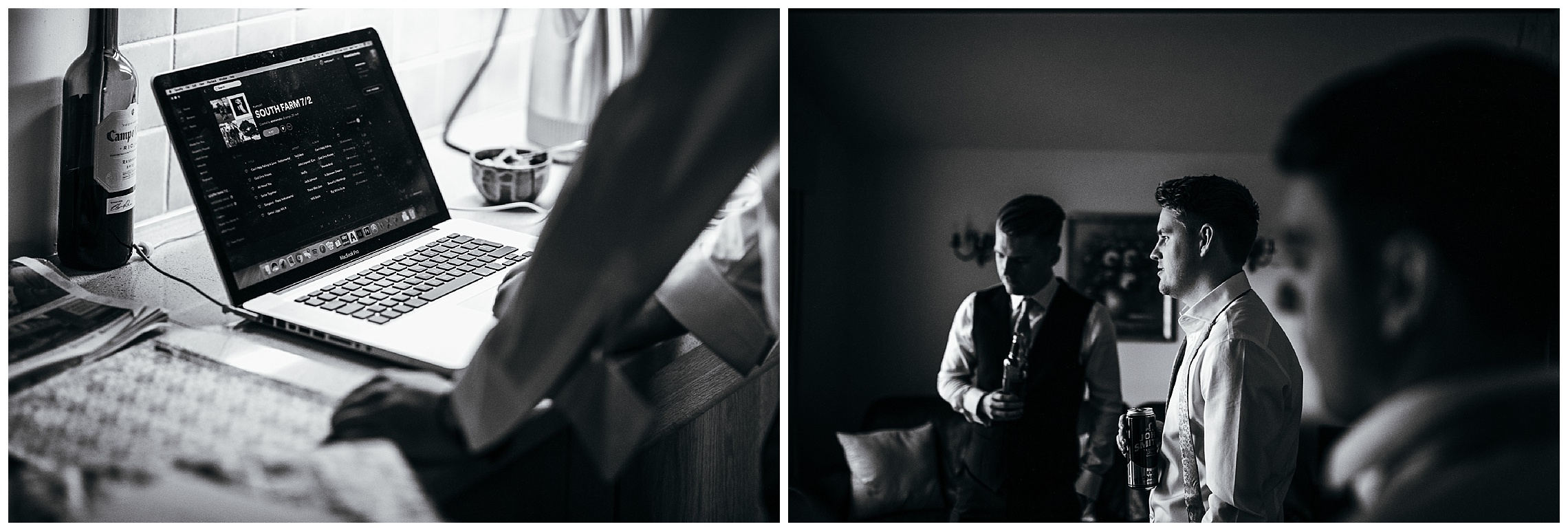 black and white image of groom and brother looking out of the window