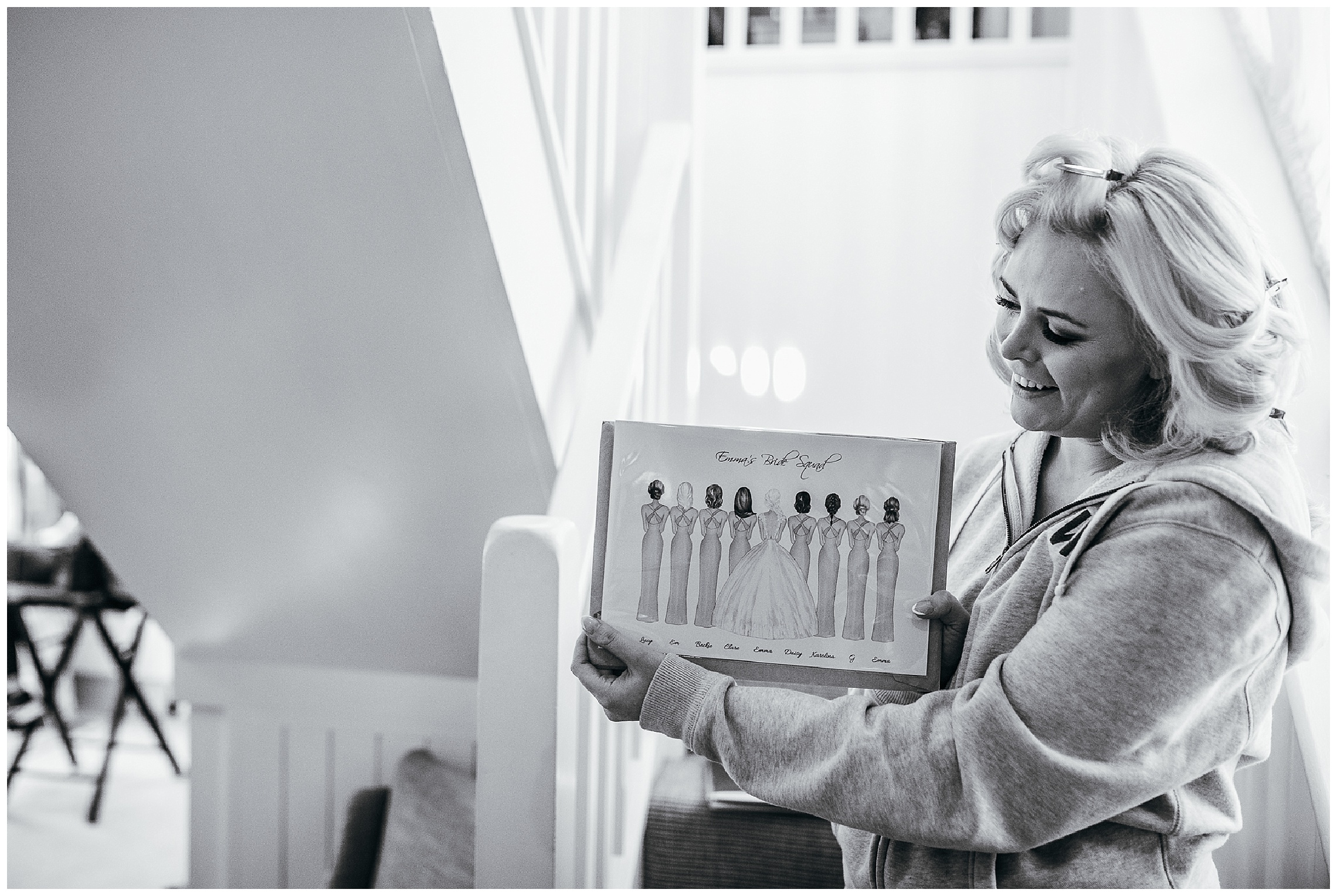 bride reveals drawing of bridesmaids and herself in dresses