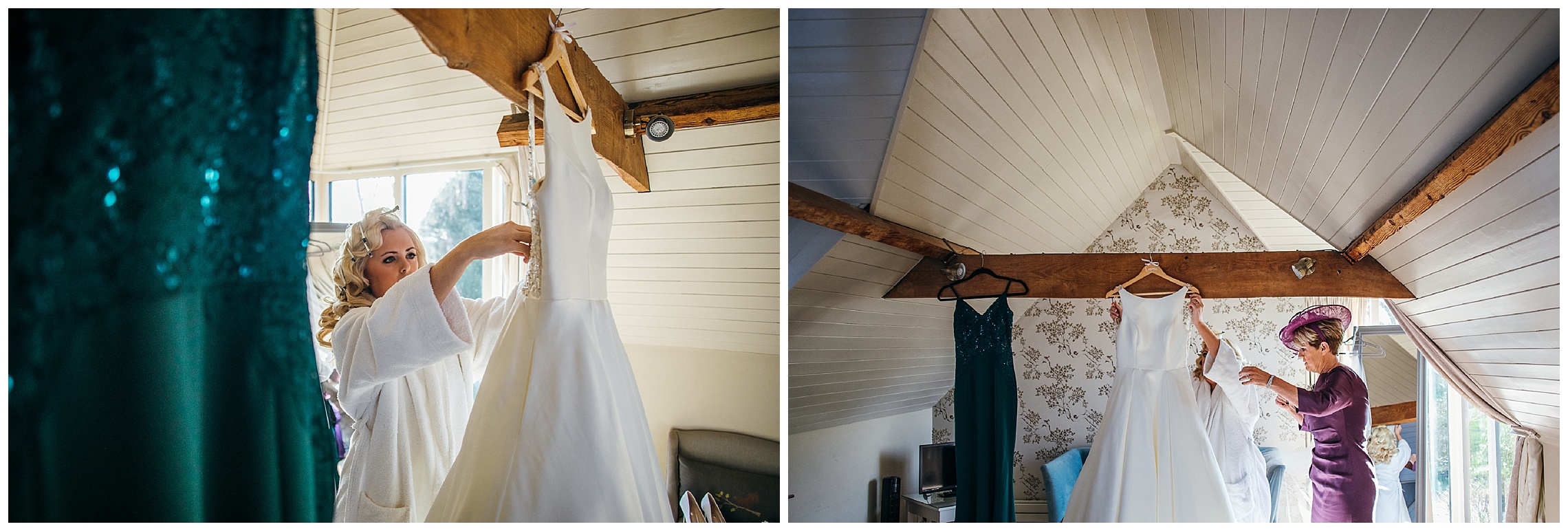 bride removing hanging wedding dress to be put on