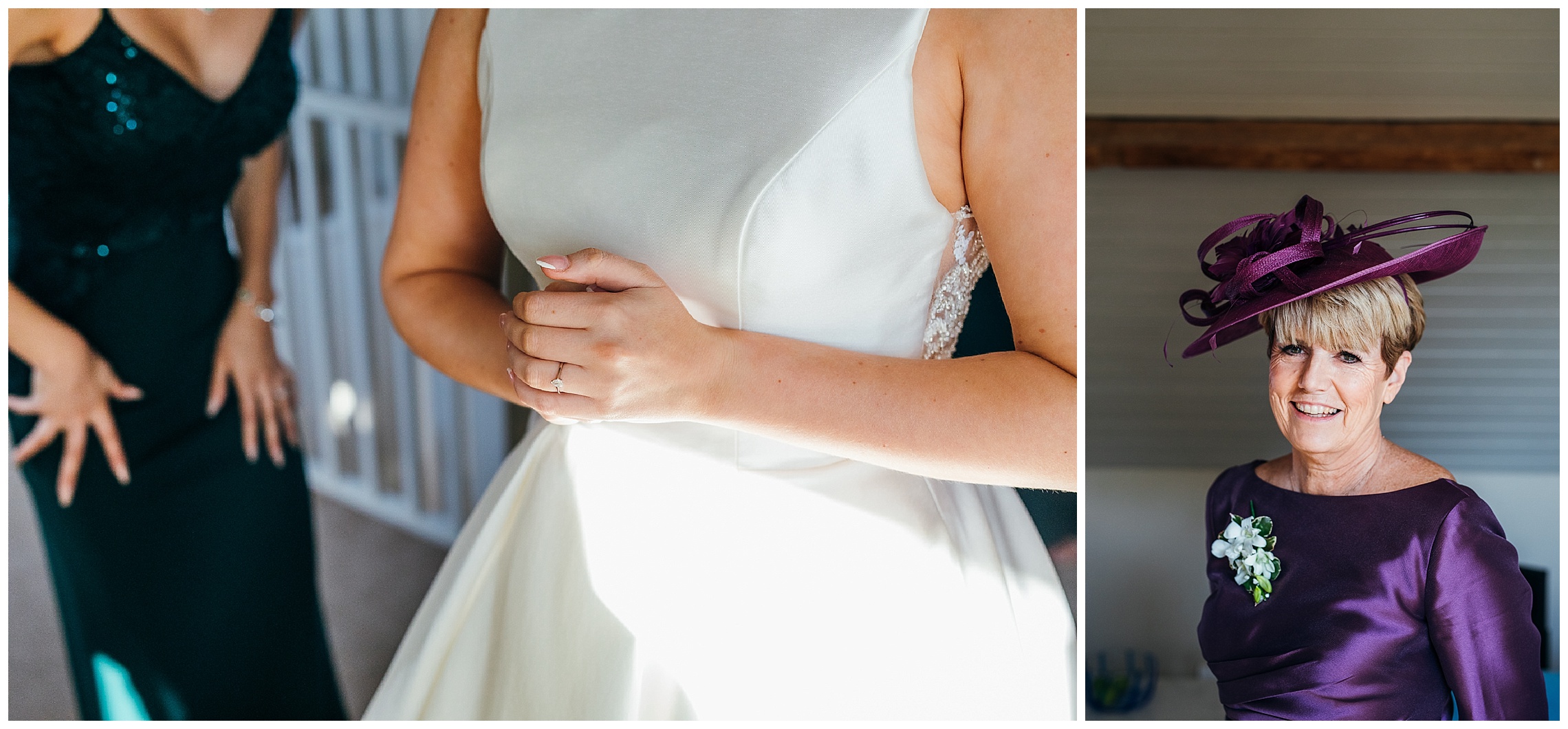 bride nervously clutches hands as bridesmaids do up her white wedding dress and mother of the bride looks on in purple hat