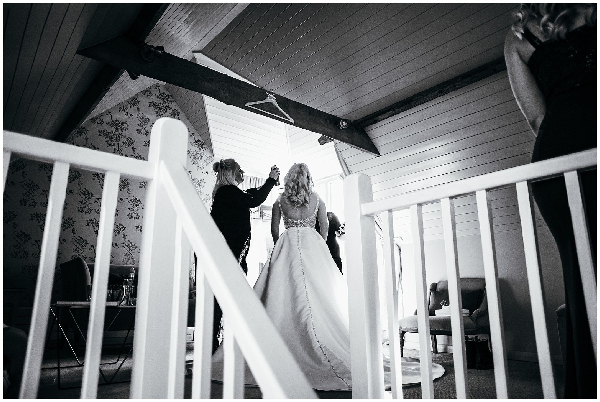 black and white image of bride in dress