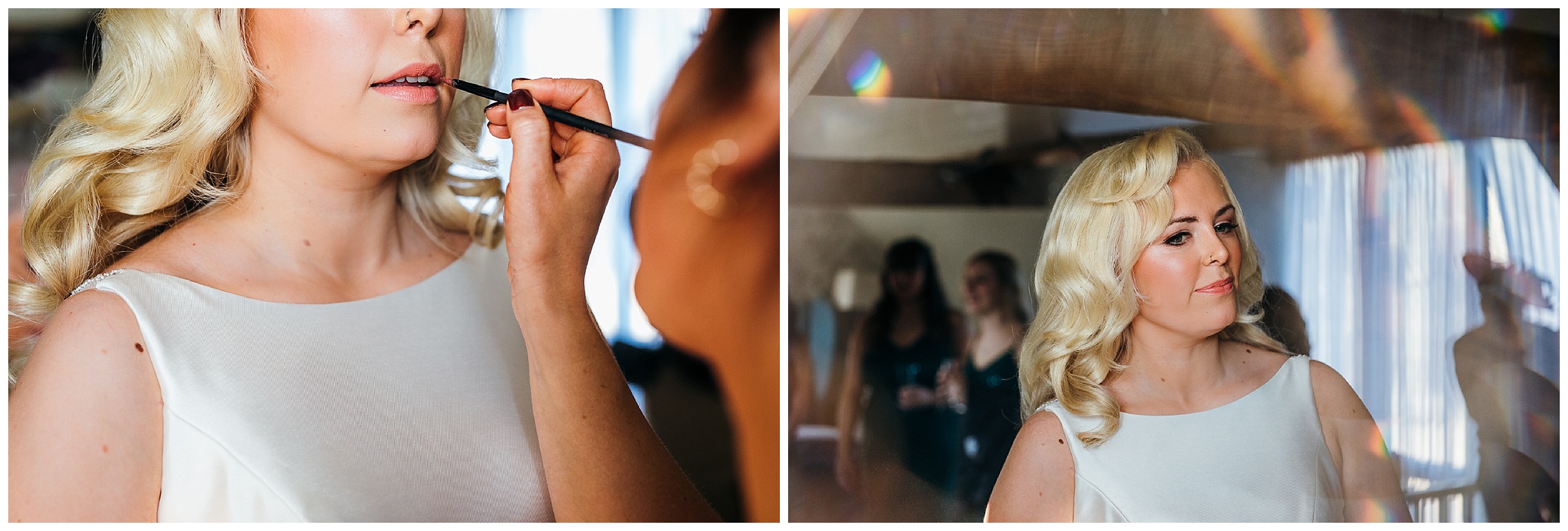 touch up of lipstick to blonde bride in white boat neck dress