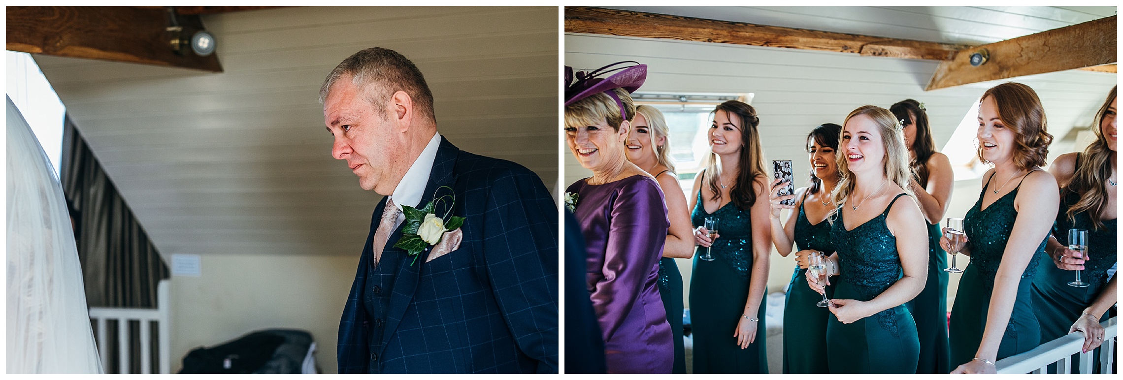 father of the bride looks at bride dressed for first time and is emotional.