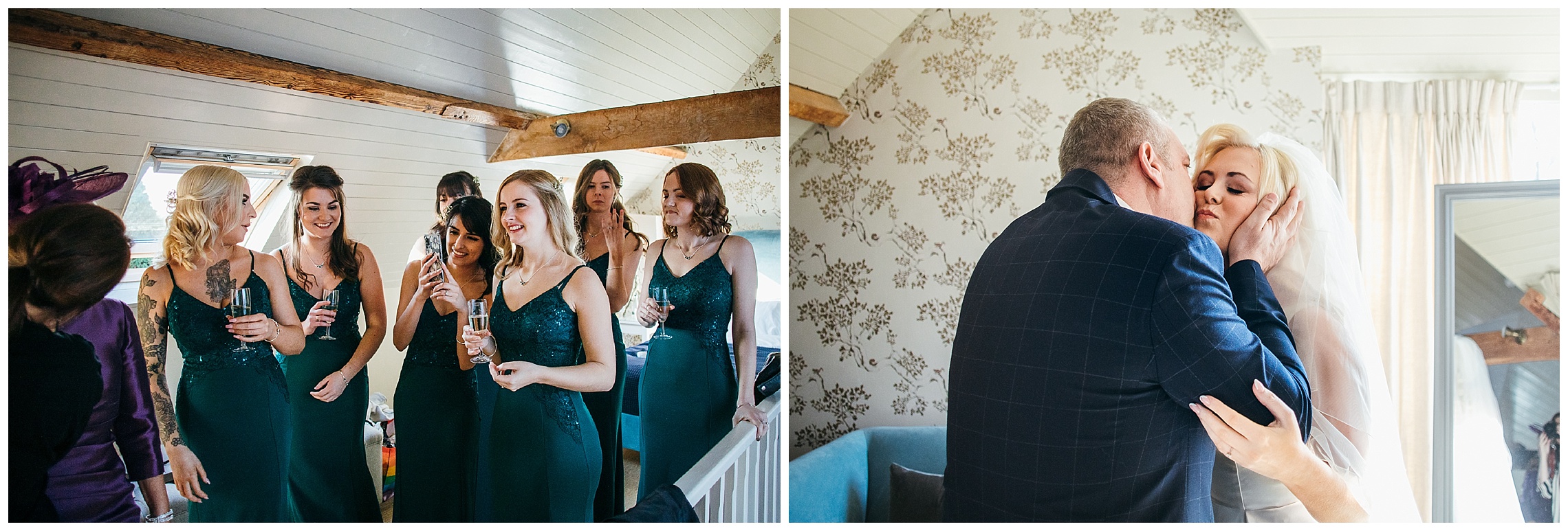 bridesmaids in green dresses look on as bride and father are hugging