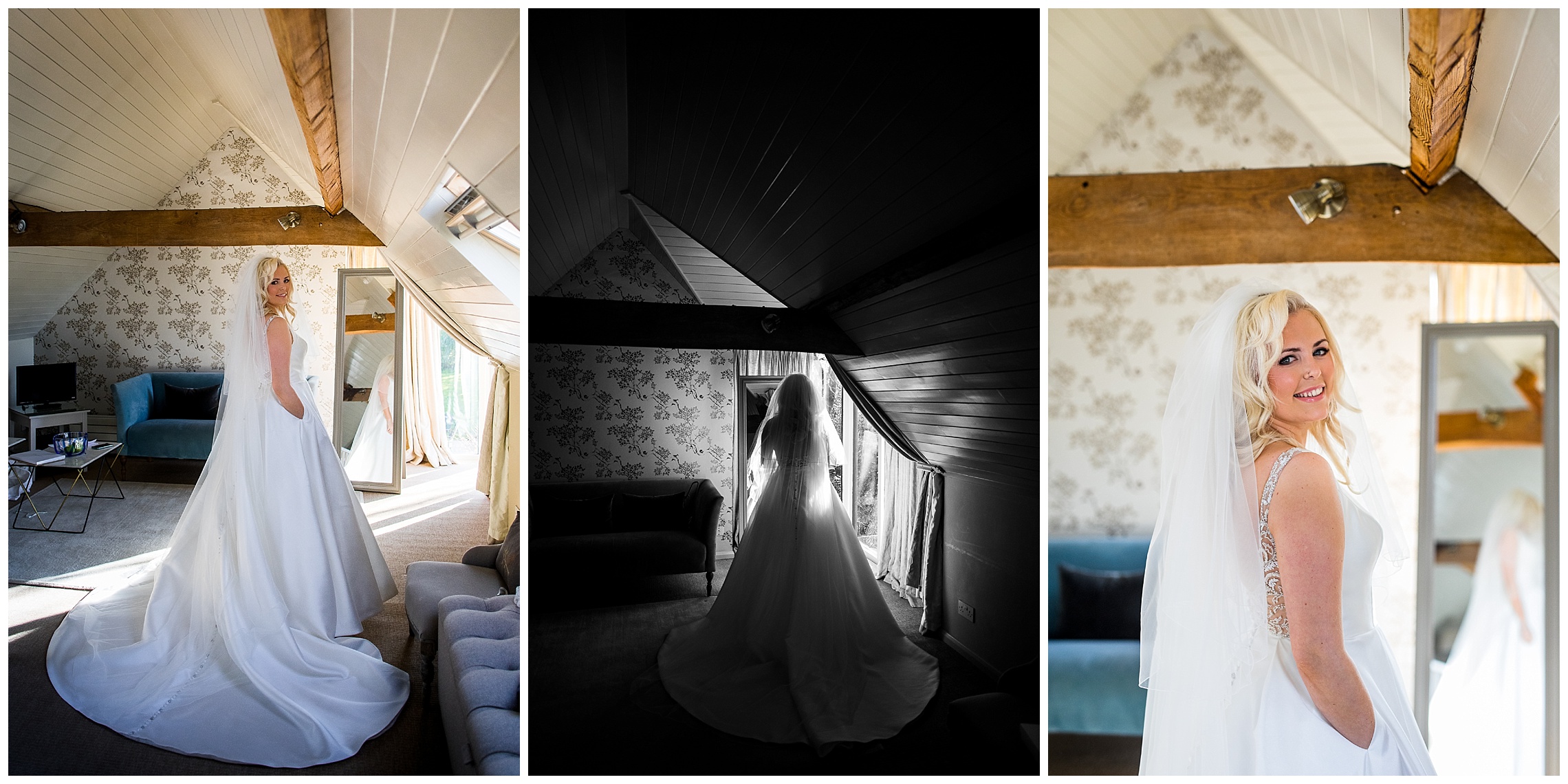 bride in white boat neck dress and veil, with blonde vintage hair style