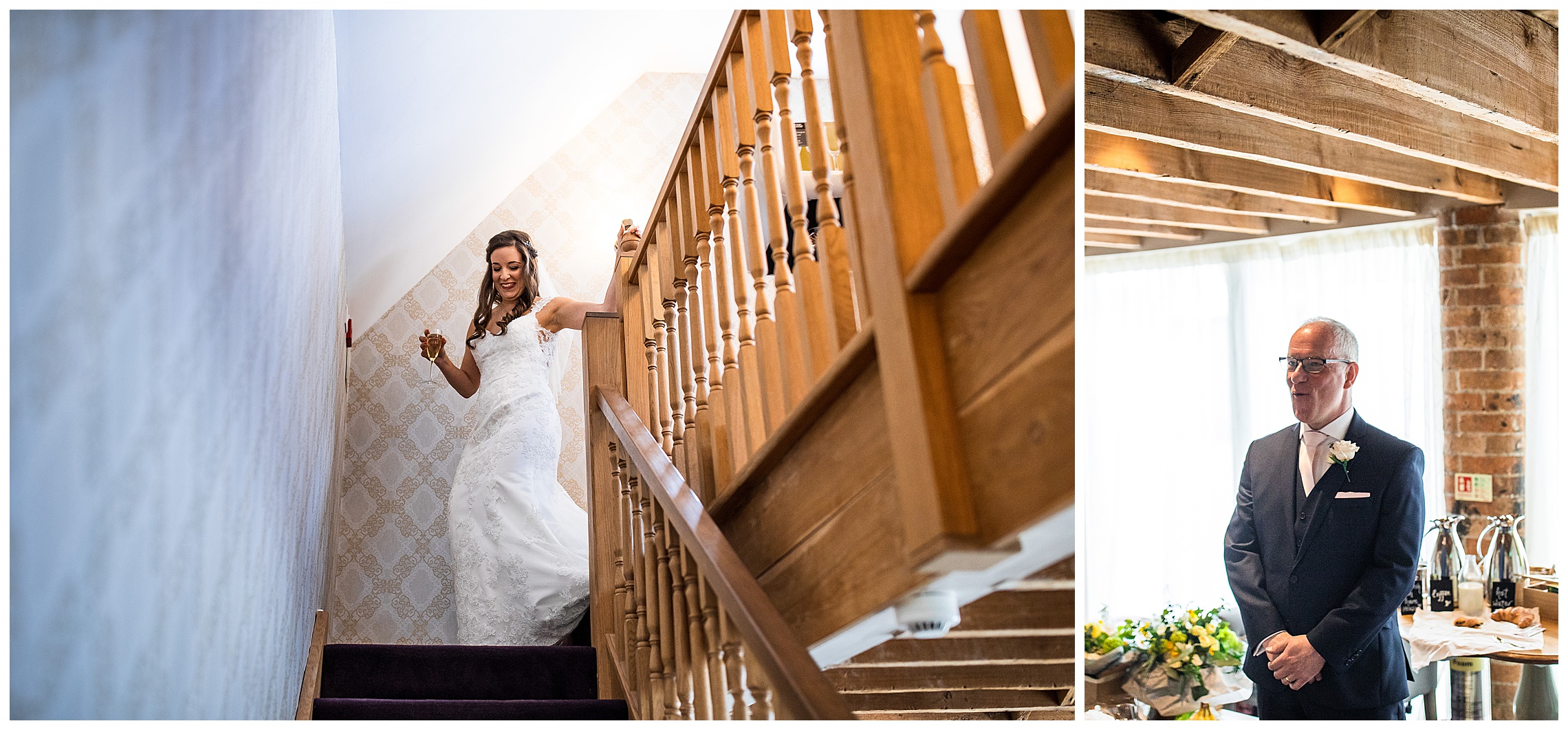 bride descending stairs in white wedding dress at bassmead