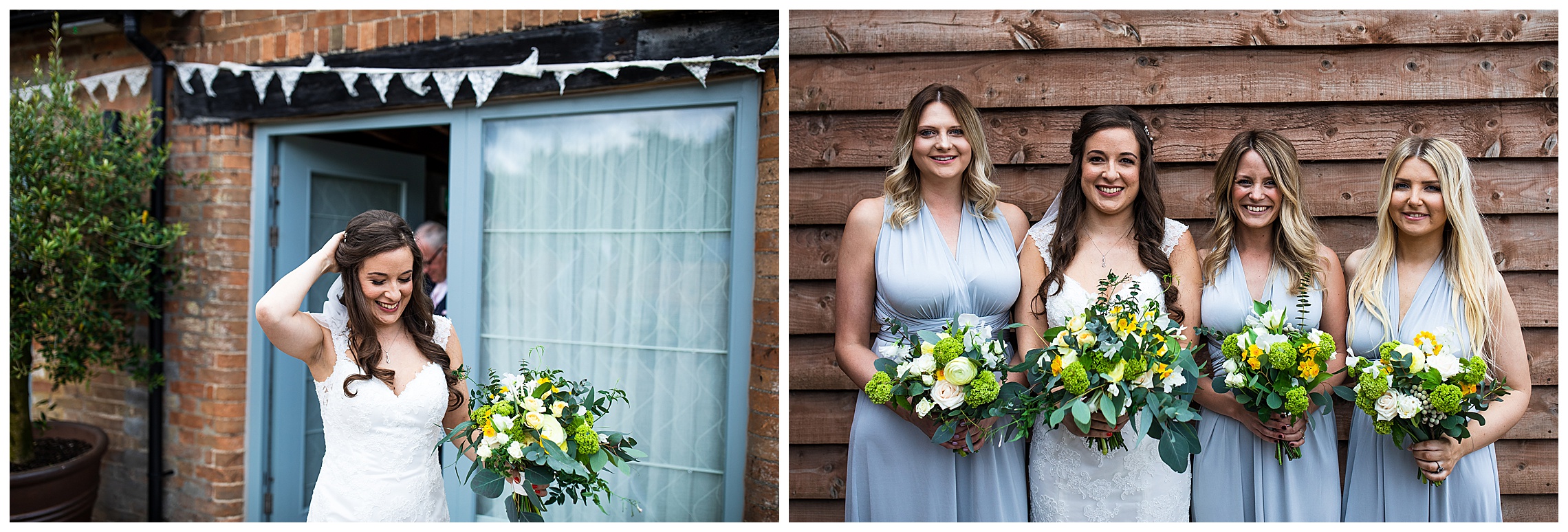 bridesmaids in blue wrap dresses