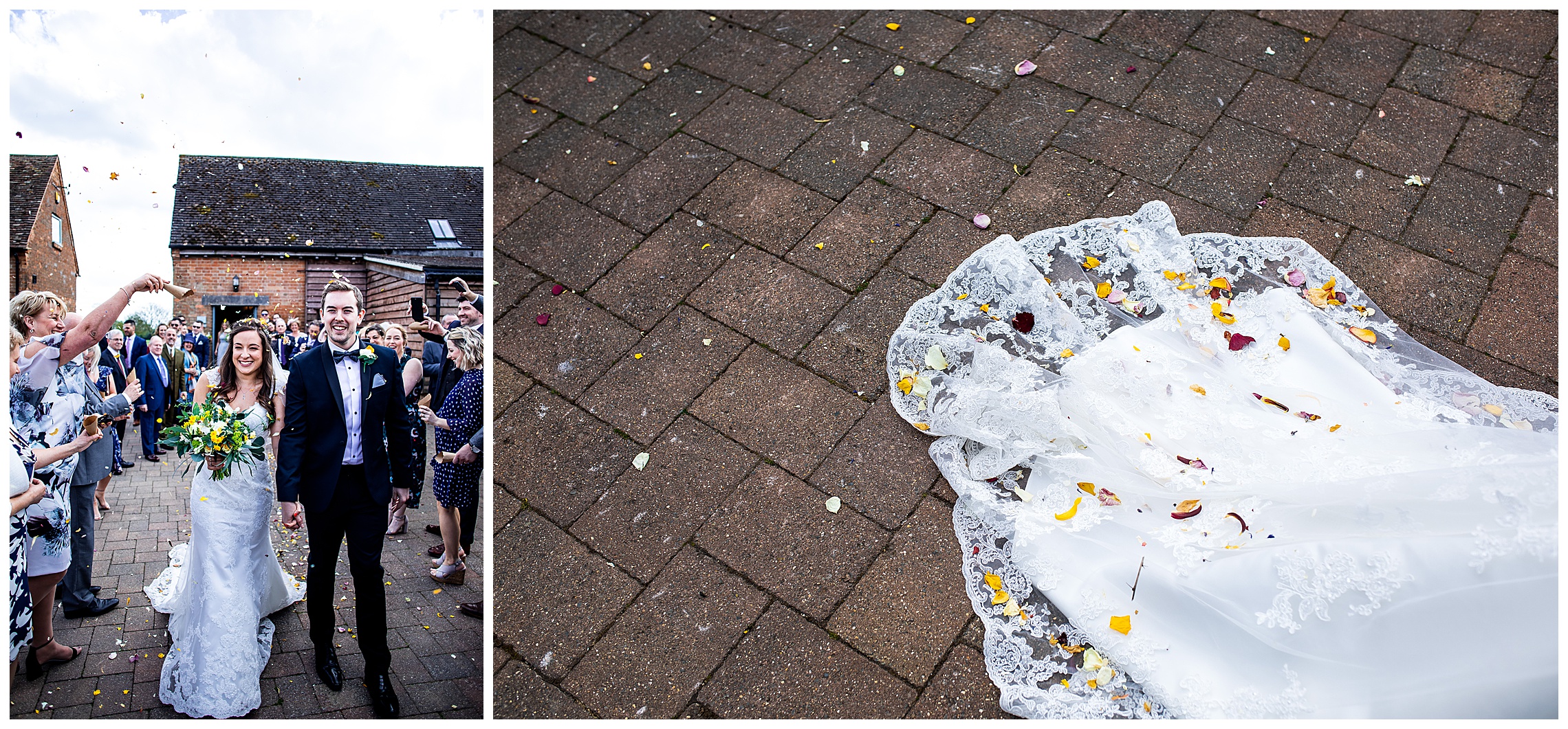 confetti settled on wedding dress