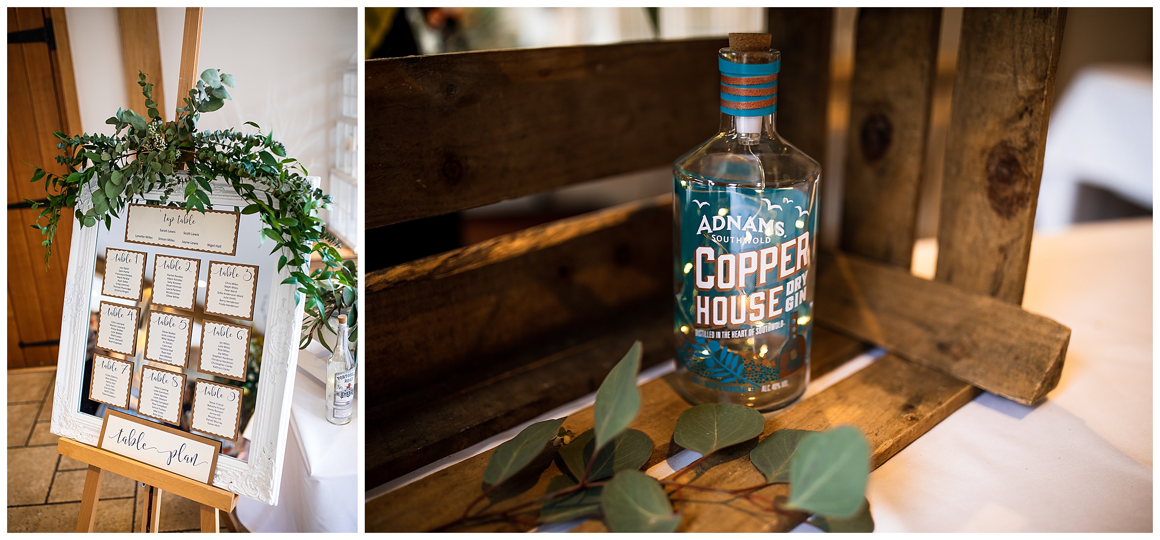 gin glasses with fairy lights as wedding decoration