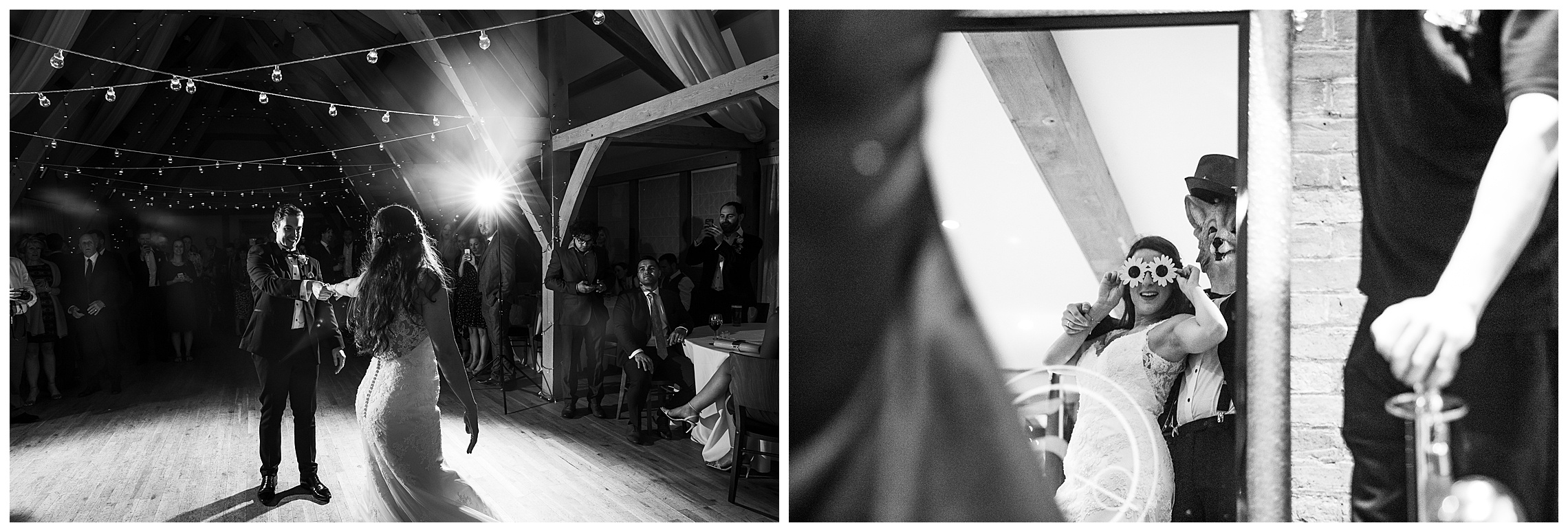 black and white image of bride and groom dancing together at bassmead manor barns