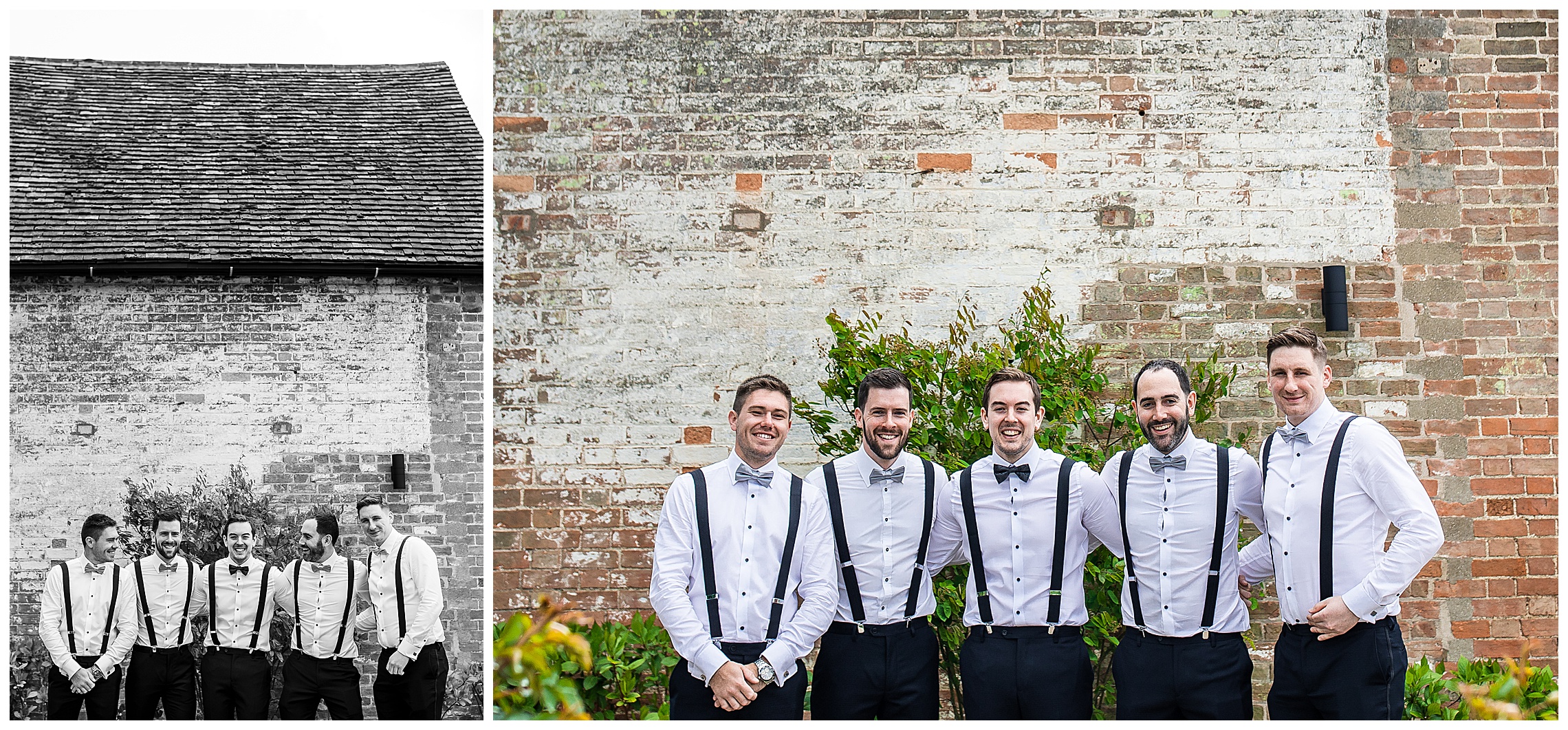 groomsmen in white shirts with braces and blue bow ties