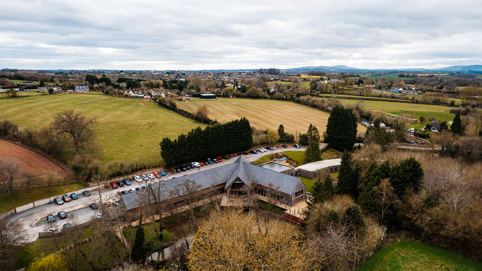 aerial drone shot of mill barns wedding venue 